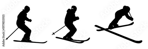 Skiing icon set with a simple solid black silhouette on white background featuring skiing, winter sports, outdoor activity with iconography and design