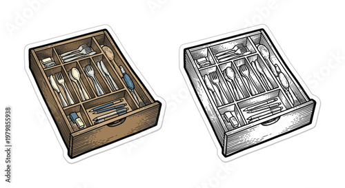 Принти на полотні Two of a wooden drawer organizer filled with cutlery and writing utensils