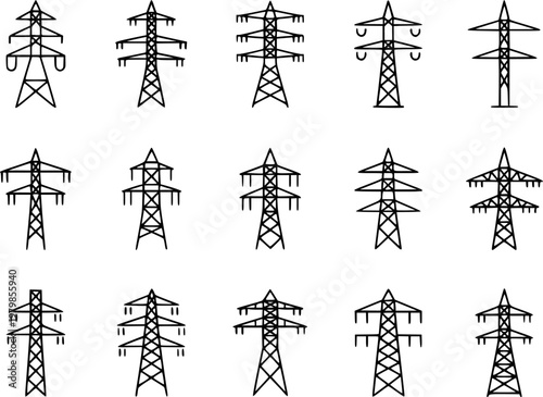 Collection of black and white line electricity pylons a white background tower power