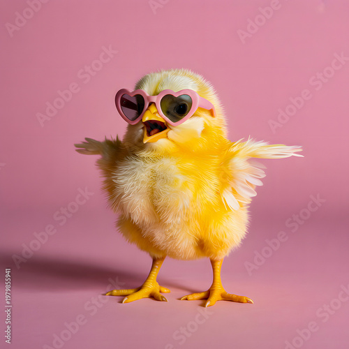 Fluffy yellow chick wearing pink heart sunglasses, arms outstretched