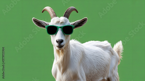 White goat wearing green sunglasses on a green background