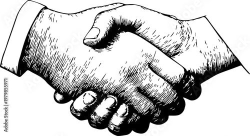 Hand Drawn Handshake Black and White Illustration in Minimal Line Art Style Design