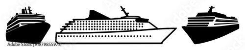Cruise ship icons set with solid black silhouette against white background featuring cruise ship, nautical, sea with transport and travel