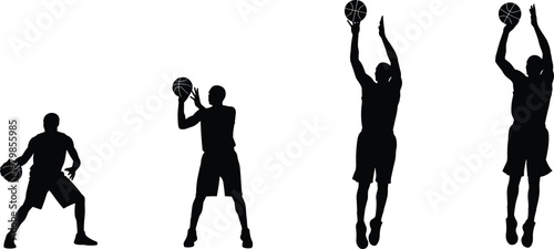 Basketball player silhouette set showing jump shot and dribbling action for sports competition, athletic training, professional game events, and energetic team fitness vector design projects.