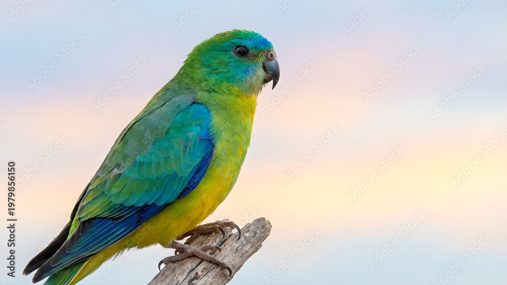 Obraz premium Stunning Blue and Green Parakeet perched on a rustic branch