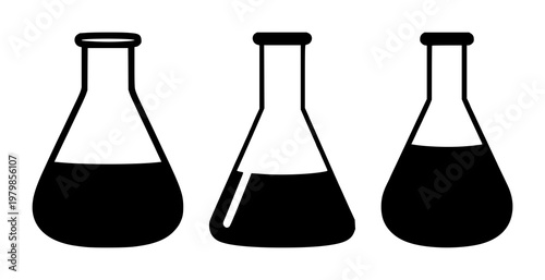 Laboratory flask icon set with solid black shapes and simple flat design featuring science, chemistry, experiment with research and glass
