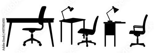 Desk chair set with solid black icon on white background featuring office furniture, workspace, seating with silhouette and line art