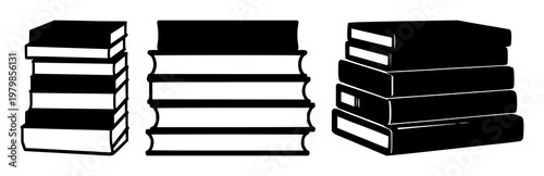 Books set with minimalist black icon stack illustration on white background depicting layered booky silhouette design featuring books, stack, icon with minimalism and flat design
