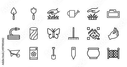 Minimalist plant protection and gardening line icon set