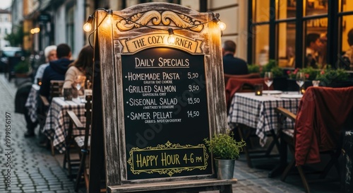 A chalkboard menu with daily specials and prices, displayed outside a cozy corner restaurant with tables and chairs set up for customers.