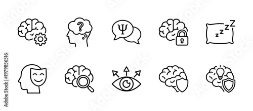 Psychology and mental health thin line icon set