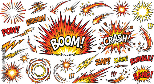 A vibrant collection of comic book explosion sound effects and graphics    Ai, eps, jpg, transparent background, png