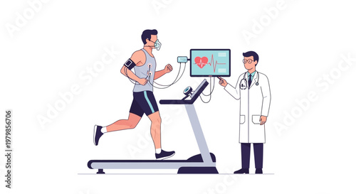 Man Running on Treadmill Undergoing Fitness Health Test with Doctor