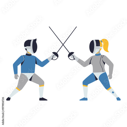 Fencers dueling with crossed swords, vector illustration