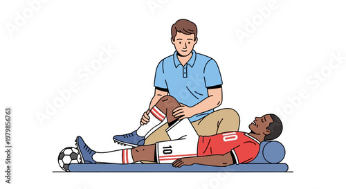 Physiotherapist Treating Soccer Player with Leg Injury on Mat