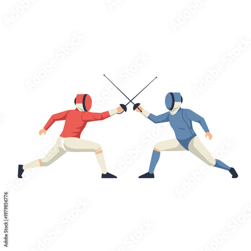 Fencers in Action: Red vs Blue Duel with Swords on White Background