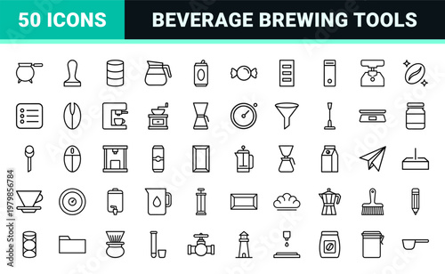 Minimalist coffee brewing and beverage equipment line icons