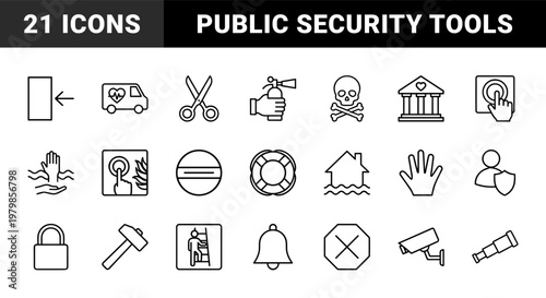 Emergency and safety line icons for rescue and security services