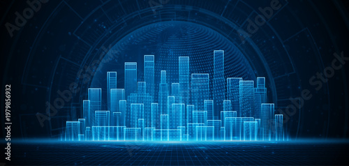 Smart city technology with hologram world in the background. Future technology city architecture concept. Digital hi-tech city design. Technology city background.