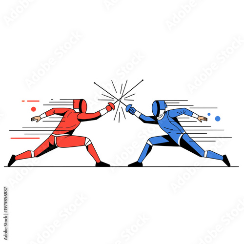 Fencers locked in combat, red vs blue, duel, sport, action illustration