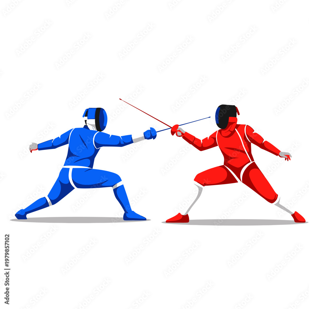 Obraz premium Fencing duel between athletes in blue and red uniforms, competitive sport illustration
