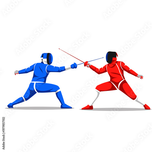 Fencing duel between athletes in blue and red uniforms, competitive sport illustration