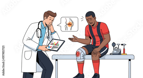 Doctor consulting injured soccer player with knee pain in clinic