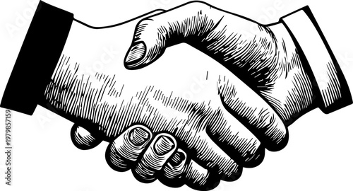 Hand Drawn Handshake Black and White Illustration in Minimal Line Art Style Design