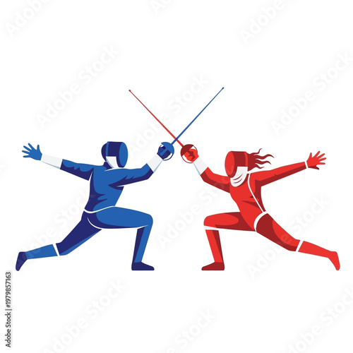 Fencing duel illustration, athletes in red and blue uniforms with swords clashing.