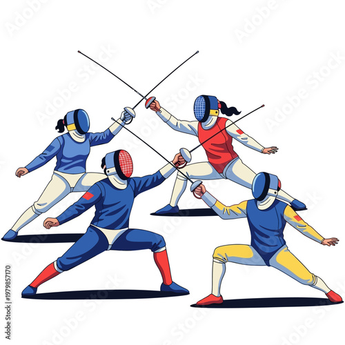 Fencing Competition: Athletes in Action with Swords