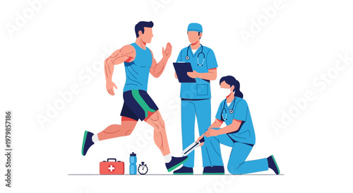 Athlete receiving medical checkup from healthcare professionals