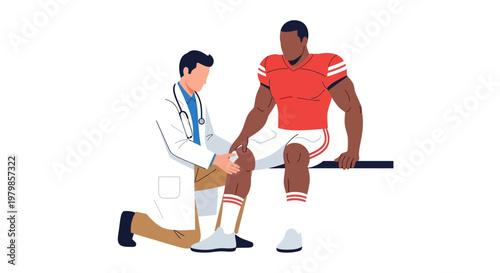 Doctor examining athlete's knee injury in medical consultation