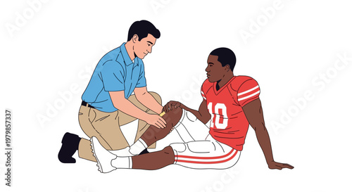 Sports therapist examining injured football player's knee on white background