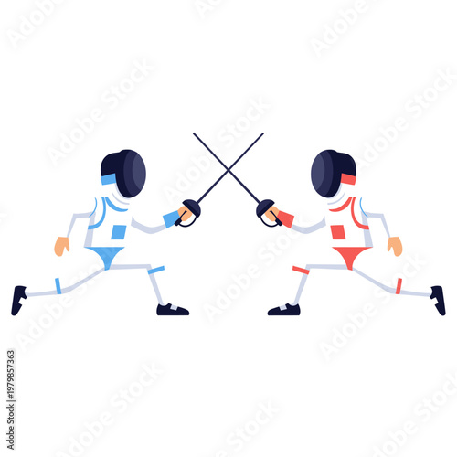 Fencing duel, two athletes in protective gear with swords clashing