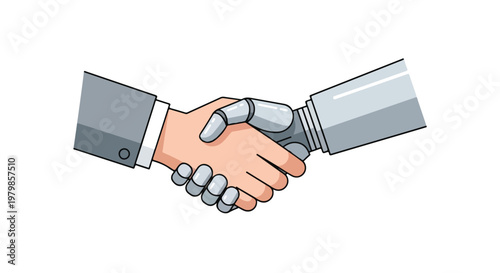 A vector illustration depicts a firm handshake between a human wearing a suit and a robotic arm, symbolizing collaboration between man and machine.