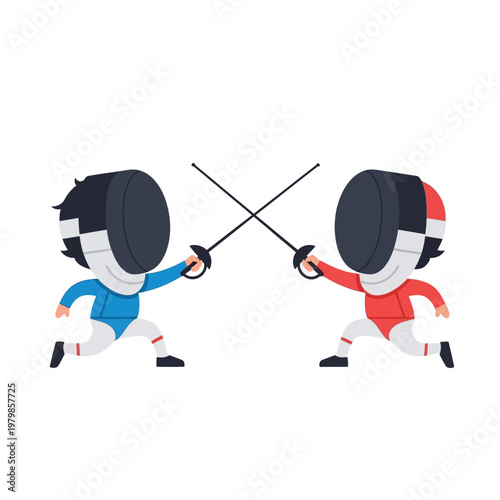 Two cartoon fencers, one in blue and one in red, dueling with swords