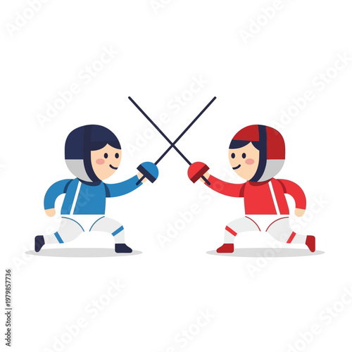 Two cartoon fencers, one in blue, one in red, dueling with swords