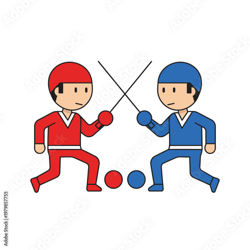 Two cartoon fencers, red and blue, with crossed swords, ready for duel