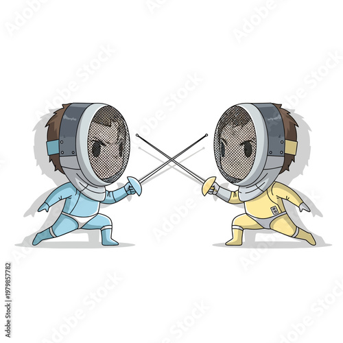 Two cartoon fencers with swords clashing in a duel, sports illustration