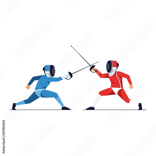 Two Fencers in Blue and Red Competing in Sword Fight Duel