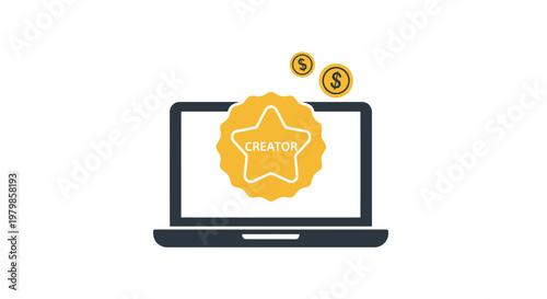 Laptop with star and coins symbol.