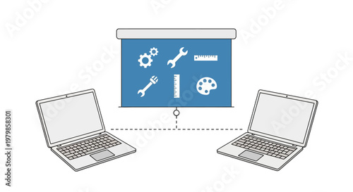 Laptops connected to a presentation screen.