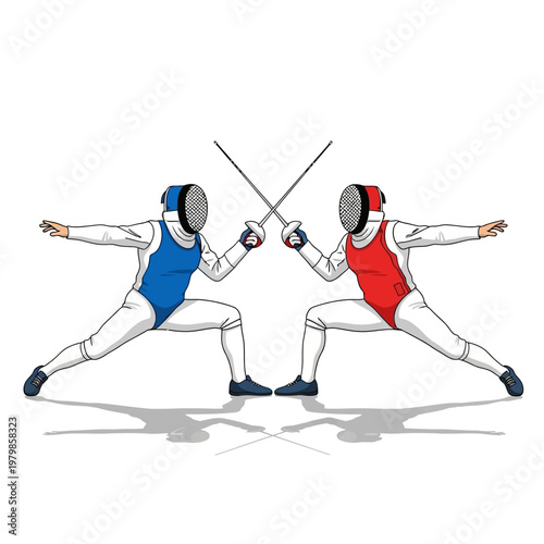 Two Fencers in Blue and Red Uniforms Duel with Swords, Isolated on White Background