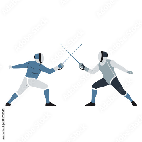 Two Fencers in Combat Posing with Crossed Swords, Dynamic Sports Illustration