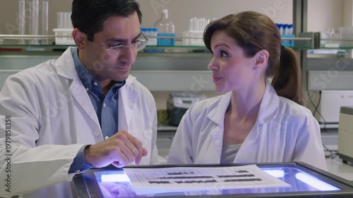 Male and Female Scientists in White Lab Coats Examining DNA Gel Electrophoresis Results on Lightbox in Biotechnology Research Laboratory
