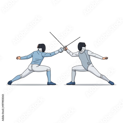 Two Fencers in Combat Stance with Swords Raised on White Background