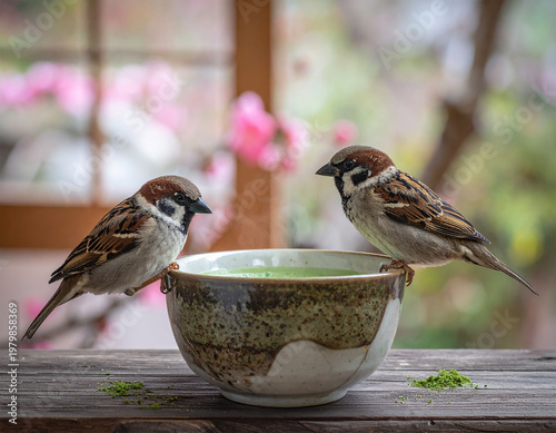 抹茶に寄ってきた雀