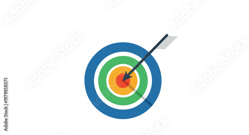 An illustration of a bullseye target with blue, green, and orange rings and a single black arrow striking the red center on a white background.