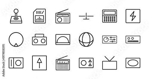 Retro radio and electronic hardware outline icons set