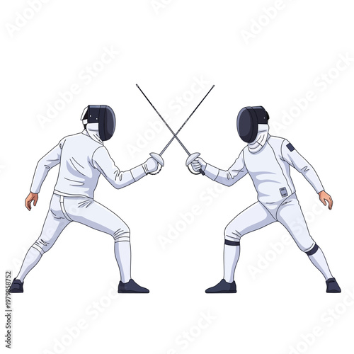 Two Fencers in Protective Gear Duel with Swords, Crossed Blades